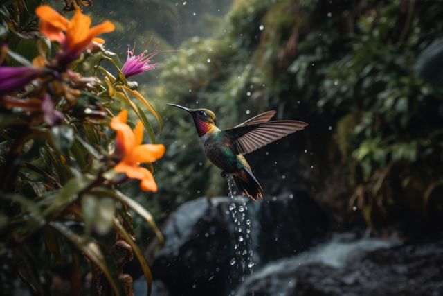 Hummingbird hovering by yellow flower with water drops, created using generative ai technology. Beauty in nature, wildlife, agility and feeding concept digitally generated image.