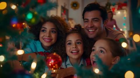 Family Celebrating Christmas with Warmth and Joy by Tree