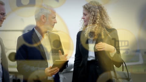 Business Discussion with Digital Interfaces Overlay at Airport