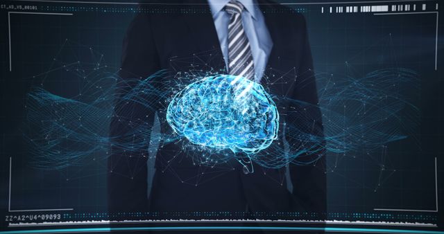 Businessman touching a digital screen with a rotating human brain