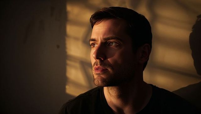Contemplative man gazing in warm chiaroscuro light with horizontal blind shadows