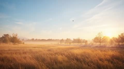Golden meadow at dawn, sun rising lifting mist, bird flying over grassland