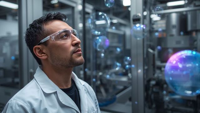 Researcher Observing Holographic Orbs in Futuristic Laboratory for AI and Robotics