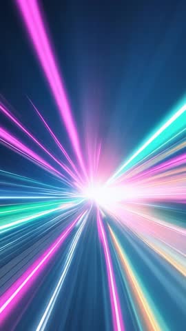 Vertical neon light tunnel racing toward bright core, cyberpunk motion video background