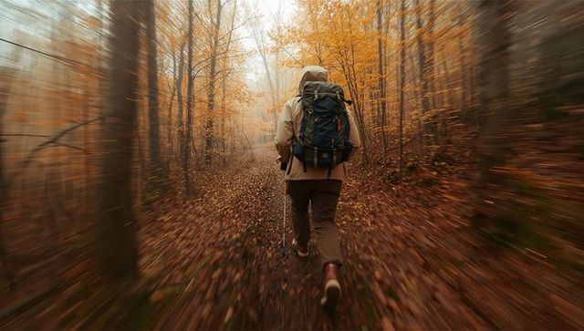 Autumn Hiking Adventure through Vibrant Forest Path