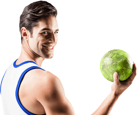 Caucasian Sportsman Smiling while Holding Ball on Transparent Background