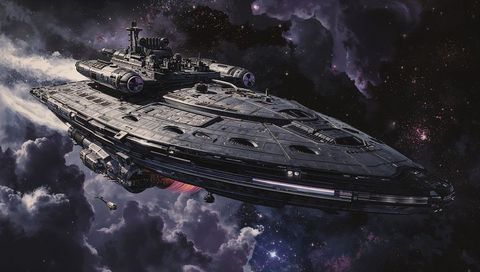 Dominating capital ship cruising through colorful nebula with escort shuttle and turrets