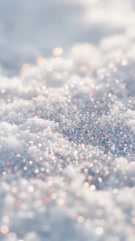 Vertical macro video revealing glittering granules with shifting focus, soft bokeh, luminous glow