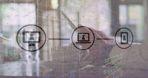 Hand with stylus typing on digital screen in modern office setting