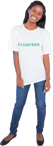 Cheerful Young Woman Wearing Transparent Volunteer T-shirt Posing