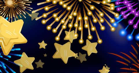 Festive Gold Stars and Vibrant Fireworks Background
