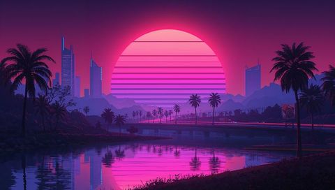 Neon retro sunset over futuristic coastal city with palm silhouettes and reflective lagoon