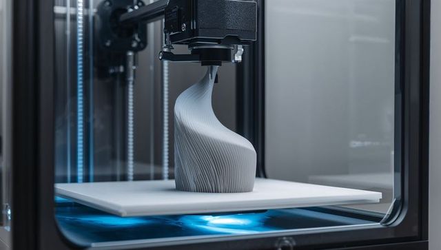 Desktop 3d printer producing twisted ribbed vase prototype inside enclosed build chamber