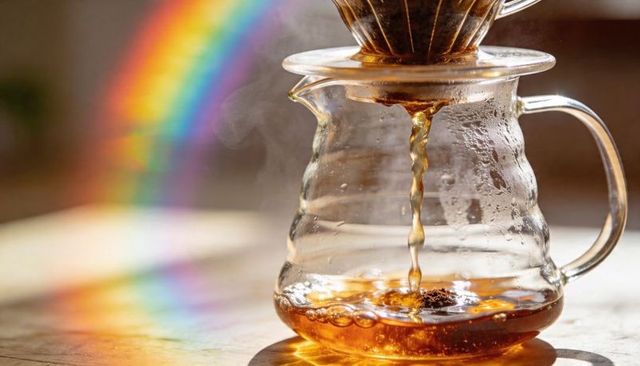 Sunlit pour-over coffee dripper pouring amber brew into glass carafe with rainbow light