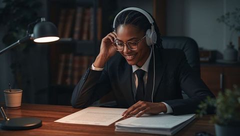 Smiling professional woman wearing headset and glasses reviewing documents at desk