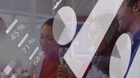 Celebrating Business Success: Diverse Team Analyzing Infographic Data Overlay