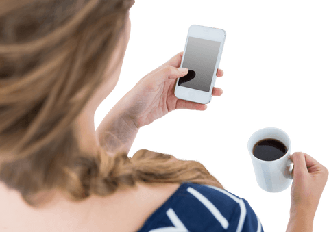 Woman Holding Coffee Mug and Checking Smartphone Transparent Background