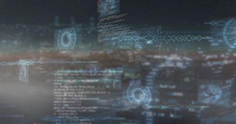 Holographic urban data interface hovering over night skyline with futuristic tech panels