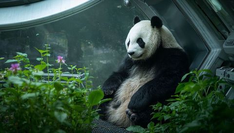 Giant panda sitting and leaning against glass amid lush green foliage with pink flowers