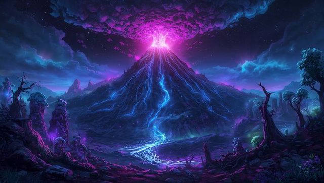 Erupting alien volcano nightscape with glowing lava and plants