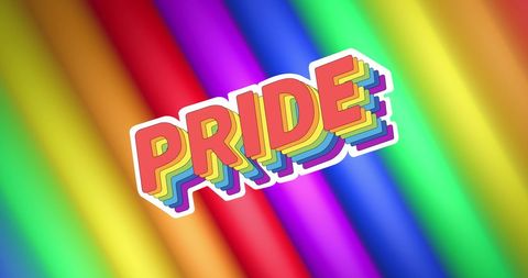 Colorful Pride Text with Vibrant Rainbow Stripes Background