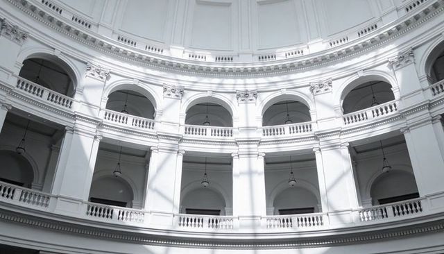 Showcasing neoclassical rotunda with arched tiers, balustrades, domed symmetry and dramatic light