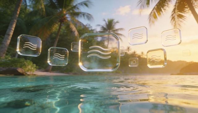 Floating glass wave icons catching warm sunset over turquoise lagoon with palm reflections