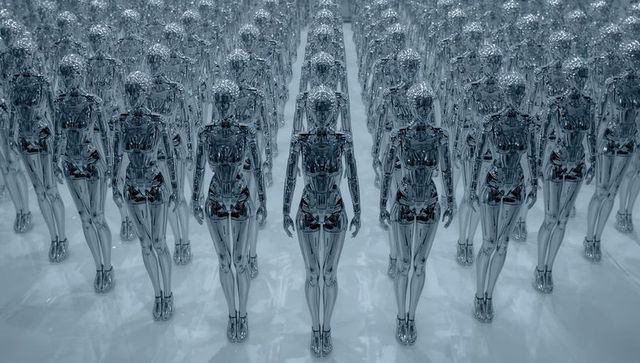Chrome android army standing in symmetry reflecting futuristic metallic multiplicity