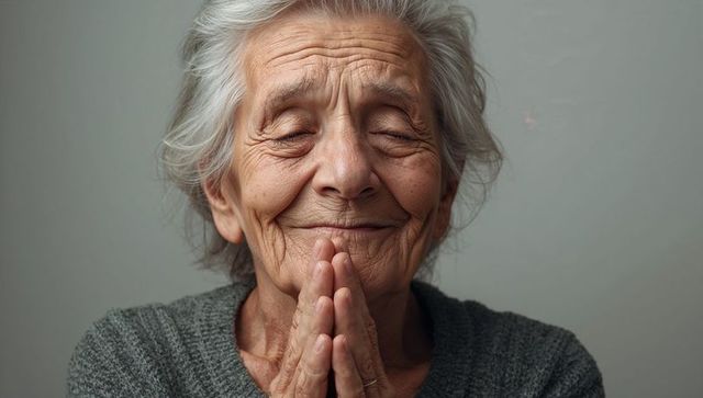Senior woman clasping hands praying smiling with closed eyes calm serene portrait