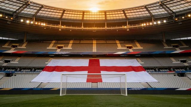 Sunset stadium with giant st george cross flag draped over central tiers behind goal
