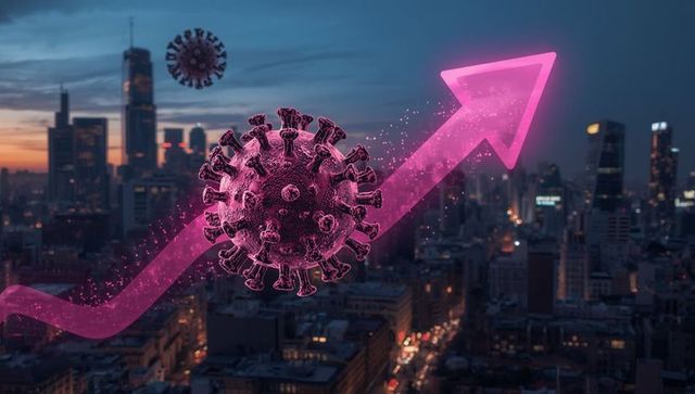 Coronavirus impact rising in urban city with futuristic neon touch