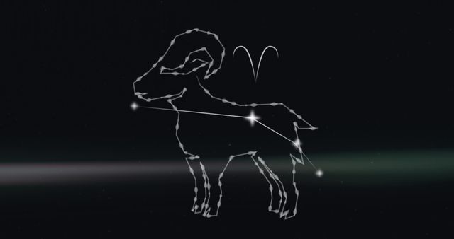 Illustration of the Aries star sign constellation digitally imposed on a night sky background with subtle clouds of smoke. Zodiac motif is bright and clearly depicts the ram schematic alongside familiar astrological symbols. Ideal for publications on astrology, weekly horoscopes, zodiac-themed design projects, or mysticism and astronomical studies. Enhances astro-themed presentations or annual horoscope overviews.