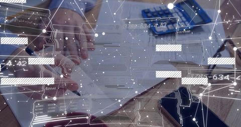 Hands signing documents with digital network overlay for finance, accounting and tech