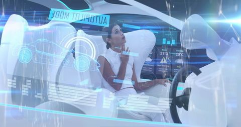 Futuristic Woman Analyzing Data in Autonomous Car Interface