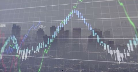 Candlestick chart overlaying urban skyline showing financial growth, volatility and trends