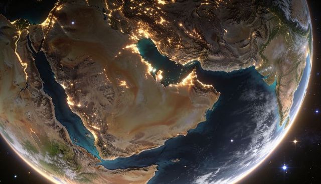Orbital view of arabian peninsula at night showing city lights, desert and coastlines