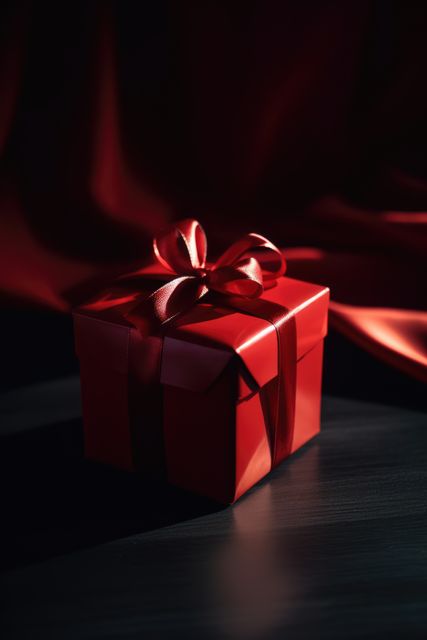 Elegant red gift box with beautiful satin ribbon, perfectly captured in low light. Suitable for content related to holidays, birthdays, anniversaries, Christmas, or luxury gift ideas.