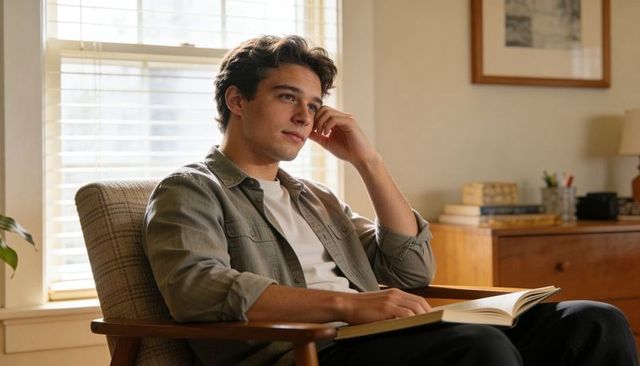 Young man reading and daydreaming in midcentury armchair by sunlit window, contemplative mood