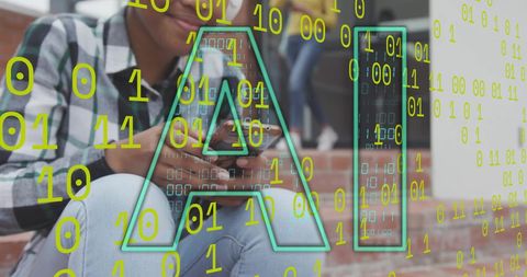 Artificial intelligence binary data overlaid on student using smartphone