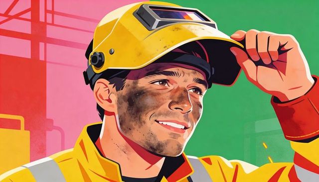 Confident industrial worker adjusting welding helmet with soot-streaked face