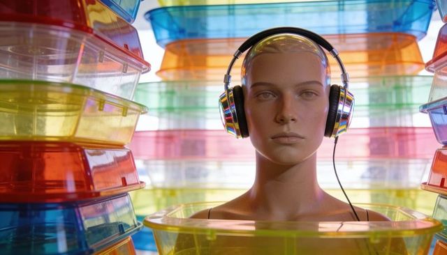 Mannequin wearing reflective headphones among stacked multicolor storage trays