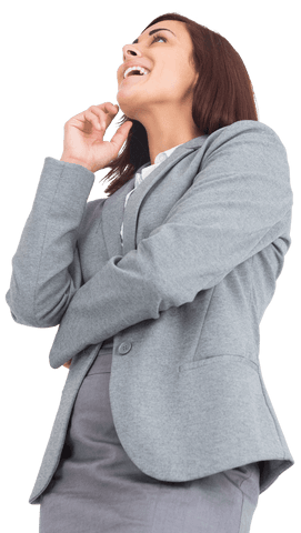 Happy Biracial Businesswoman in Gray Suit on Transparent Background