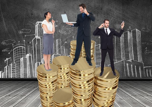 Business professionals standing on stacks of gold coins against city skyline. Ideal for themes related to finance, success, wealth, investment, economic growth, and business achievements. Can be used in business presentations, financial service advertisements, investment brochures, or corporate training materials.