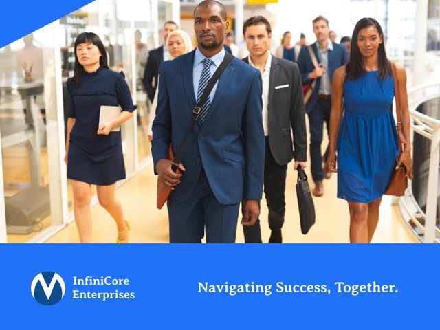 Diverse group of professionals wearing business attire, walking confidently in an office environment. Ideal for materials on leadership, corporate unity, and successful team dynamics. Useful for websites, brochures, and presentations emphasizing professional diversity and teamwork.