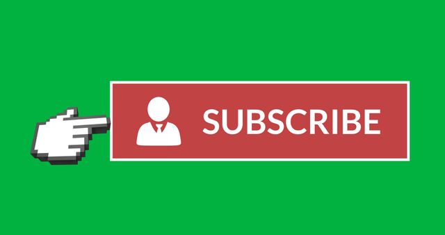 A graphic showing a pixelated hand finger pointing at a red subscribe button with a profile icon and white text on a green background. This image can be used to encourage audience engagement and subscriptions in digital and social media marketing campaigns, web design, YouTube channels, and online advertising materials.