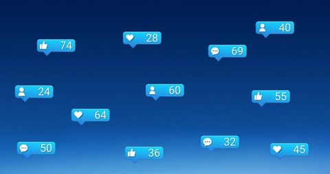 Social media interaction icons against blue backdrop