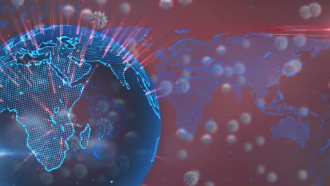 Animation of COVID-19 Cells Over Globe on Red Background