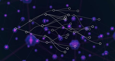 Abstract neural network connecting glowing nodes and hex icons on dark purple gradient