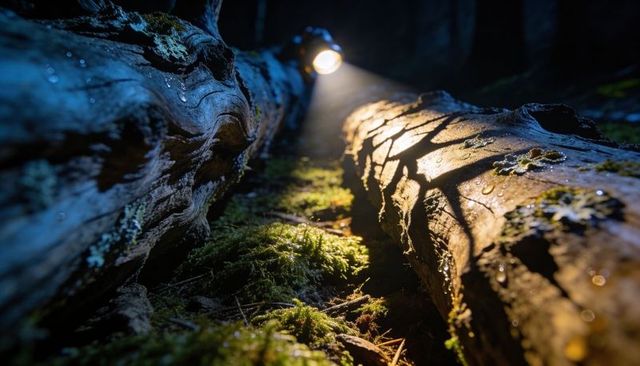 Flashlight beam illuminating wet moss and cracked bark on fallen log in dark forest night