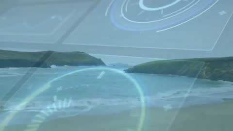 Futuristic HUD Technology Overlays on Peaceful Ocean Coastline